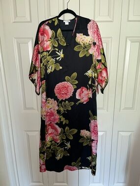 Natori Black Maxi Dress with Pink Rose Floral Print size XS